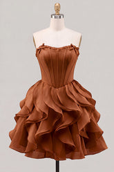 A-Line Sweetheart Brown Corset Ruffle Homecoming Dress with Lace Up Back