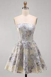 A-Line Blue Flower Strapless Corset Ruffled Jacquard Lace Up Back Homecoming Dress