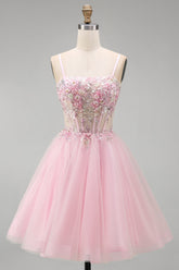 A-Line Pink Floral Corset Ruffled Sequins Homecoming Dress with Beading