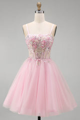 A-Line Pink Floral Corset Ruffled Sequins Homecoming Dress with Beading