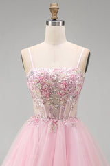 A-Line Pink Floral Corset Ruffled Sequins Homecoming Dress with Beading