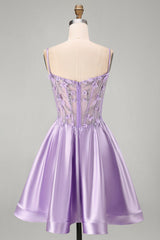 A-Line Lilac Sheer Corset 3D Flowers Beaded Short Homecoming Dress with Ruffles