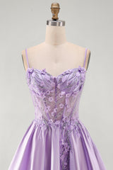 A-Line Lilac Sheer Corset 3D Flowers Beaded Short Homecoming Dress with Ruffles