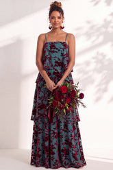 A Line Spaghetti Straps Burnout Velvet Tiered Ruffle Long Bridesmaid Dress