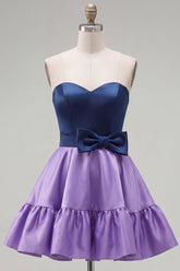 A-Line Navy Purple Satin Sweetheart Ruffled Homecoming Dress with Bow