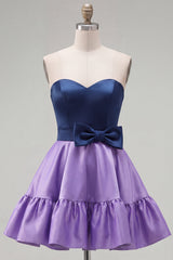 A-Line Navy Purple Satin Sweetheart Ruffled Homecoming Dress with Bow