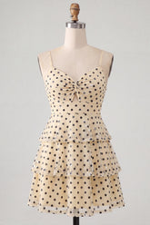 A-Line Champagne Sequins Tiered Ruffled Keyhole Lace Up Back Homecoming Dress