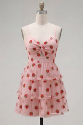 A-Line Pink Keyhole Tiered Ruffled Spaghetti Straps Ruched Homecoming Dress