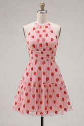 A-Line Pink Halter Neck Printed Ruffled Short Homecoming Dress