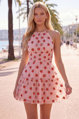 A-Line Pink Halter Neck Printed Ruffled Short Homecoming Dress