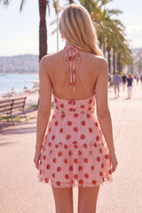 A-Line Pink Halter Neck Printed Ruffled Short Homecoming Dress