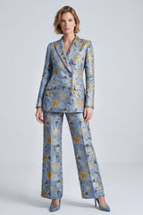 2 Piece Dusty Blue Single Breasted Peak Lapel Floral Prom Suits