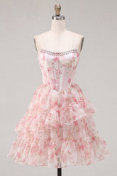 A-Line Pink Sweetheart Corset Tiered Ruffled Floral Homecoming Dress with Lace Up Back