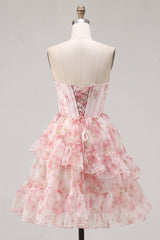 A-Line Pink Sweetheart Corset Tiered Ruffled Floral Homecoming Dress with Lace Up Back
