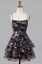 A-Line Black Spaghetti Straps Tiered Floral Lace Up Back Homecoming Dress with Sequins