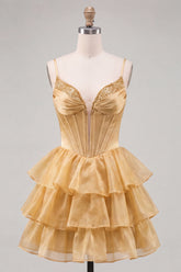 A-Line Gold Corset Tiered Beaded Short Homecoming Dress with Lace Up Back