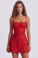 A-Line Red Sequins Lace Up Back Spaghetti Straps Short 80s Homecoming Dress