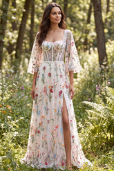A-Line Ivory Floral Sheer Corset Long Wedding Dress with Slit