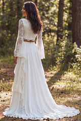 A-Line Ivory 2 Piece Bateau Neck Long Sleeves Wedding Dress with Slit