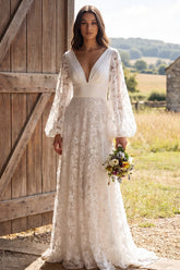 A-Line Ivory Floral V-Neck Long Wedding Dress with Long Sleeves