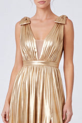 A-Line Metallic Gold V-Neck Long Formal Dress with Slit