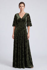 A-Line Olive V-Neck Velvet Floral Ruched Long Formal Dress with Half Sleeves