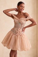 A-Line Pink Off the Shoulder Corset Bubble Hem Homecoming Dress with Lace Up Back