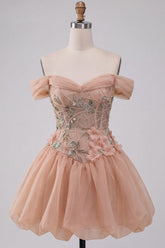 A-Line Pink Off the Shoulder Corset Bubble Hem Homecoming Dress with Lace Up Back