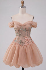 A-Line Pink Off the Shoulder Corset Bubble Hem Homecoming Dress with Lace Up Back