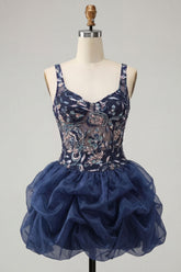 A-Line Navy Sequins Floral Thick Straps Short Homecoming Dress