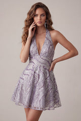 A-Line Lilac Halter Neck Backless Short Homecoming Dress with Sequins