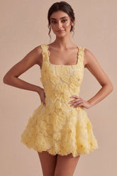 A-Line Square Neck Pearls Floral Short Yellow Homecoming Dress with Beading
