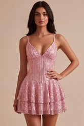 A-Line Pink Tiered Ruffled Sequins Short Homecoming Dress