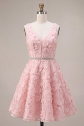 A-Line Pink V-Neck Ruffled Pearls Floral Embroidery Short Homecoming Dress
