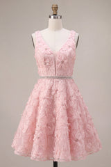A-Line Pink V-Neck Ruffled Pearls Floral Embroidery Short Homecoming Dress