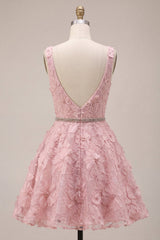 A-Line Pink V-Neck Ruffled Pearls Floral Embroidery Short Homecoming Dress