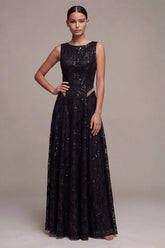 A-Line Black Round Neck Sequins Long Formal Dress
