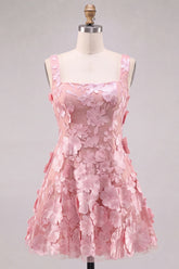 A-Line Square Neck Floral Pink Short Homecoming Dress with Appliques