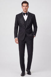 3 Piece Black Shawl Lapel One Button Men's Prom Suits with Beading