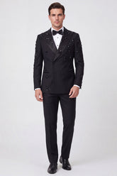 2 Piece Black Double Breasted Peak Lapel Men's Prom Suits with Beading