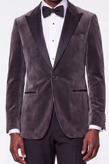 2 Piece Dark Gray Peak Lapel Velvet One Button Men's Prom Suits