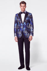 2 Piece Black Blue Jacquard Peak Lapel Single Breasted Men's Prom Suits