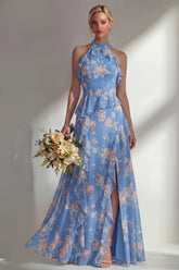 A-Line Blue Pink Flower Halter Neck Chiffon Long Bridesmaid Dress with Ruffles