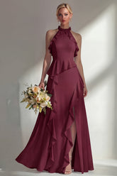 A Line Burgundy Halter Neck Chiffon Long Bridesmaid Dress with Ruffles