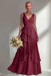 A Line Chiffon Burgundy V-Neck Long Bridesmaid Dress with Ruffles