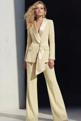 2 Piece Cream Yellow Peak Lapel Women's Work Suits with Sash