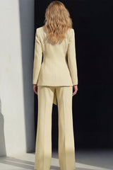 2 Piece Cream Yellow Peak Lapel Women's Work Suits with Sash