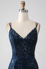 A-Line Dark Navy Spaghetti Straps Long Prom Dress with Slit