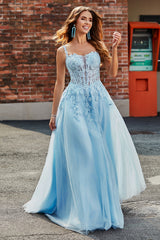 A-Line Light Blue Corset Prom Dress with Appliques