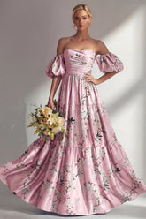 A-Line Pink Strapless Floral Long Bridesmaid Dress with Puff Sleeves